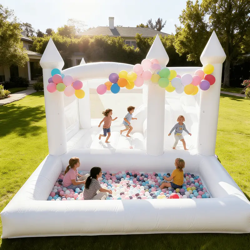 13 ft White Commercial Bounce House – Jumping Castle with Slide & Ball Pit for Birthdays