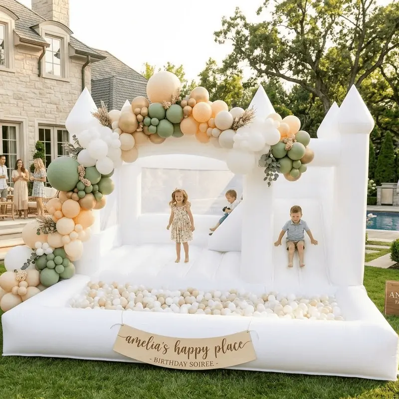 15-Foot Commercial-Grade White Bounce House for Adults Featuring Slide and Ball Pit