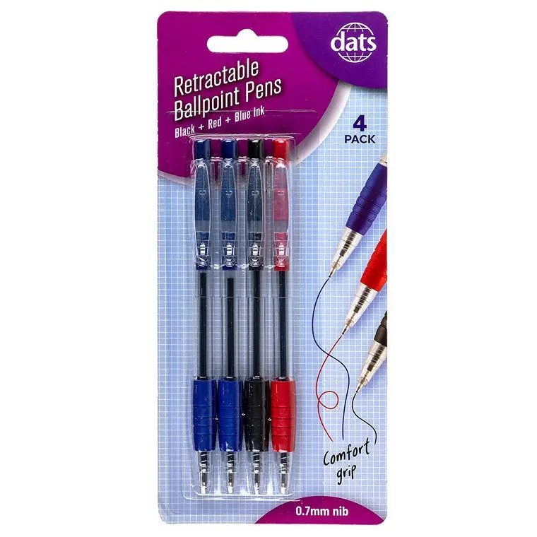 Assorted Colour Ballpoint Pens – Retractable 4-Piece Set