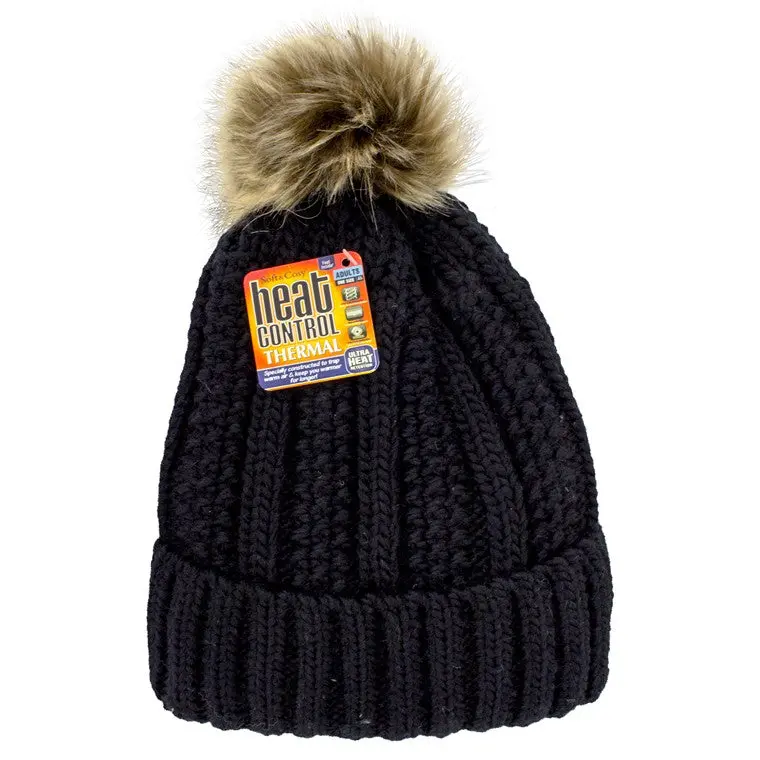 Black Thermal Beanie with Pom-Pom for Women