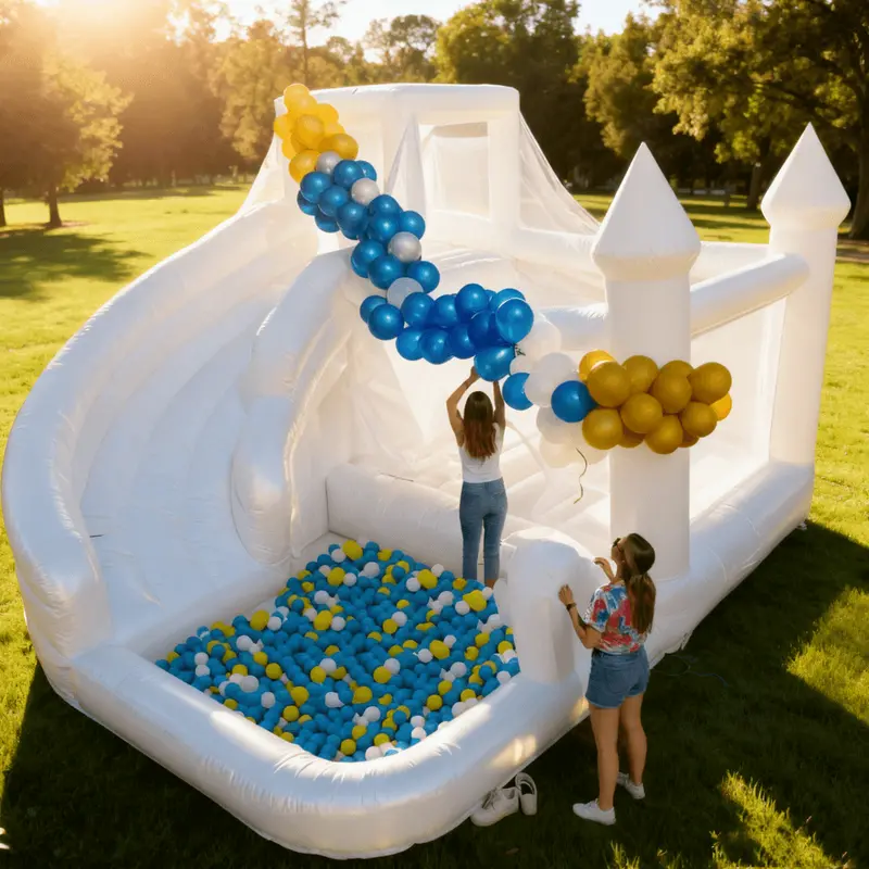 Bouncinlife 16-Foot White Backyard Jumping Castle with Slide and Ball Pool