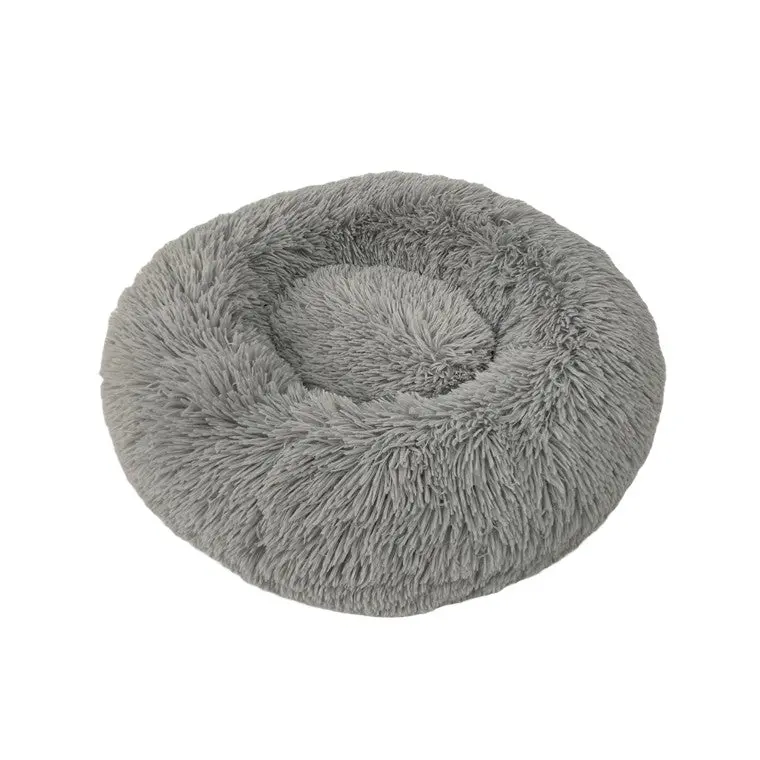 Calming Plush Round Pet Bed – Silver, Small Size