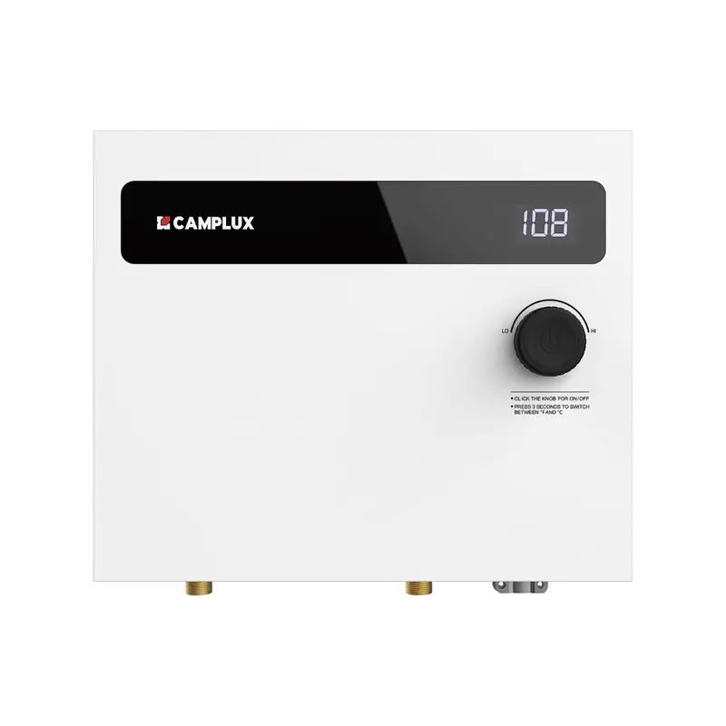 Camplux 14 kW Electric On-Demand Tankless Water Heater – Compact White Unit for Residential Use