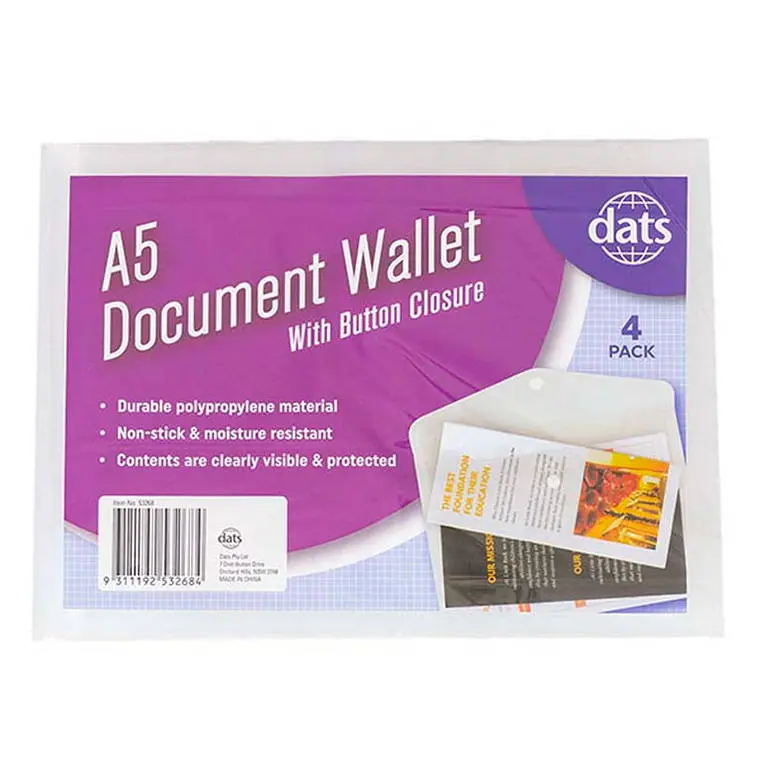 Clear A5 Document Wallet – Button-Closure Folder for Secure Paper Storage
