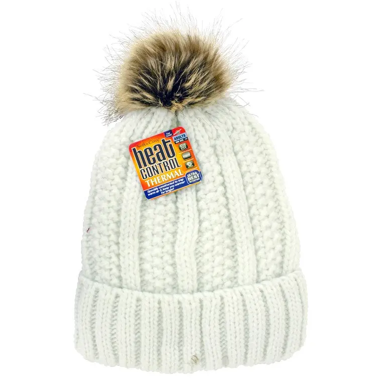 Cream-Colored Thermal Beanie with Pom-Pom for Women