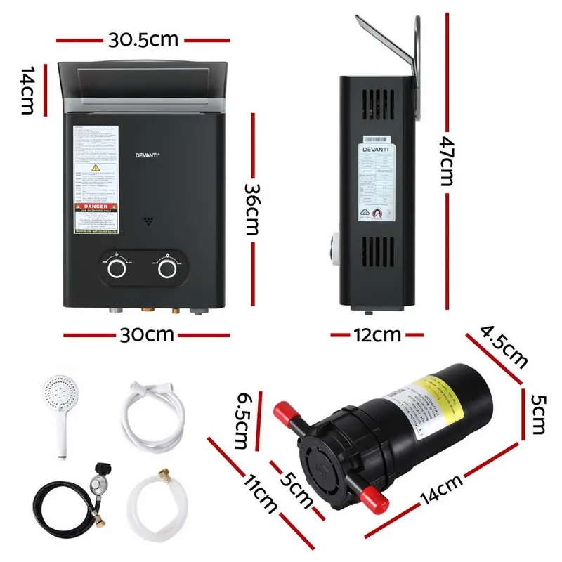 Devanti LPG Portable Water Heater with Built-in 12V Pump – Compact Black Gas-Fired System for Outdoor Use