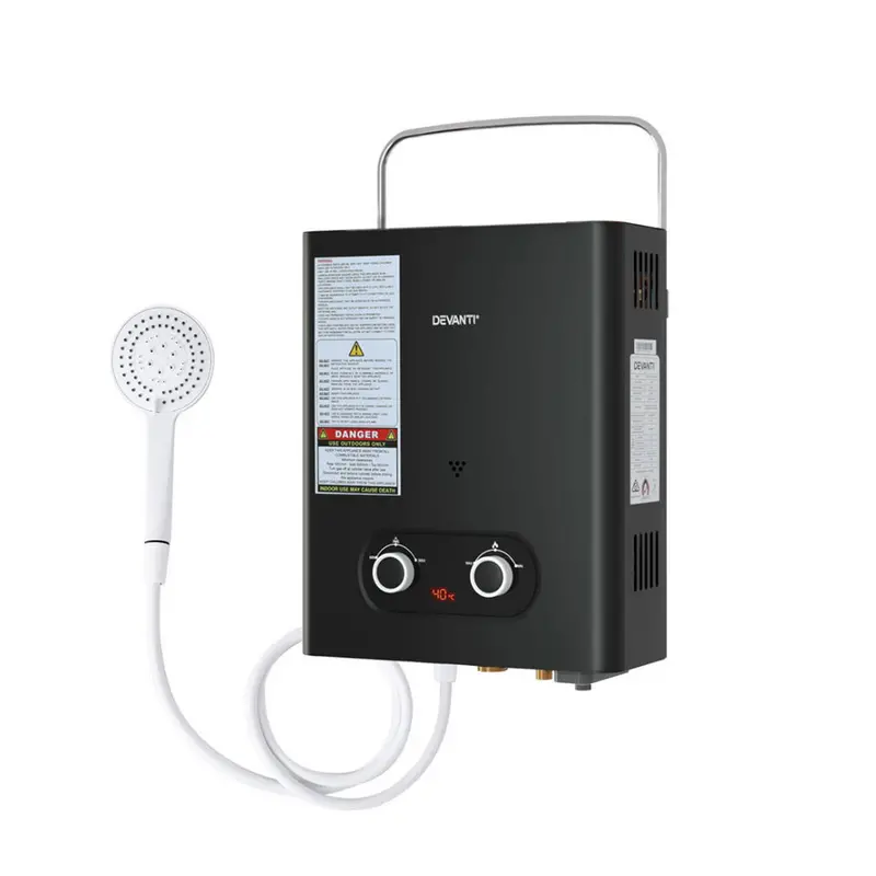 Devanti LPG-Powered Portable Water Heater – Compact Black Gas System for Outdoor Hot Water on Demand