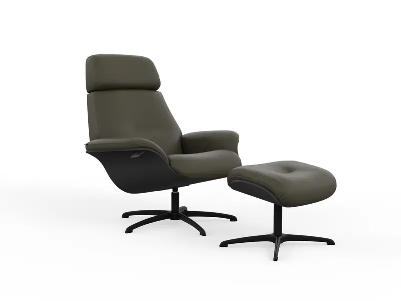 Falcon Olive Leather Chair and Charcoal Wood Ottoman