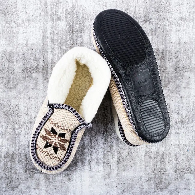 Men’s Knitted Moccasin Slippers – Black with Decorative Stitching