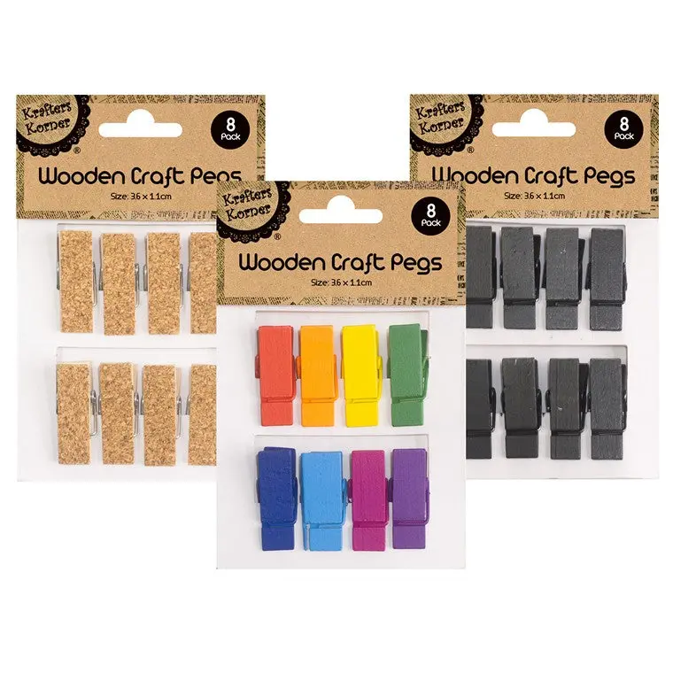 Natural Wooden Clothes Pegs for Crafting – 8-Piece, Tri-Color Mix