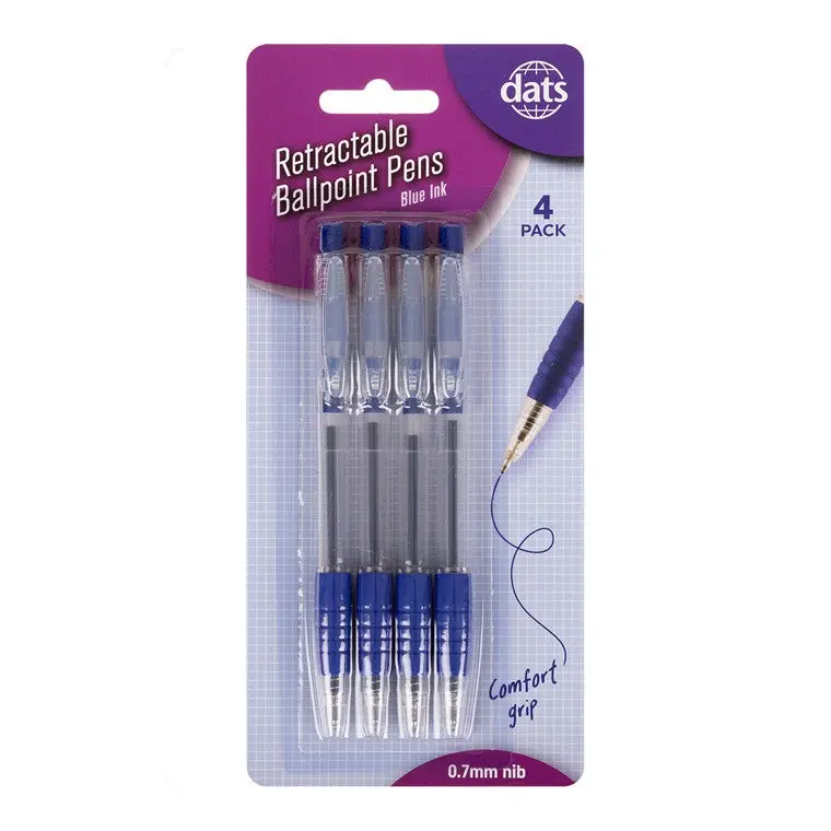 Retractable Blue Ballpoint Pens – 4-Pack
