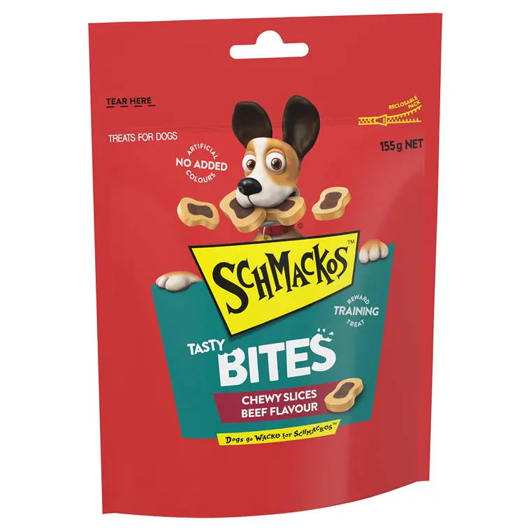 Schmackos Tasty Bites Beef Chewy Slices – 155g Soft Dog Treats