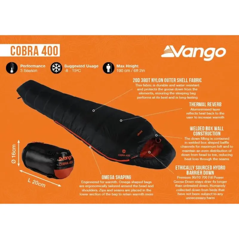 Vango Cobra 400 Down Sleeping Bag – Lightweight 3-Season, Anthracite
