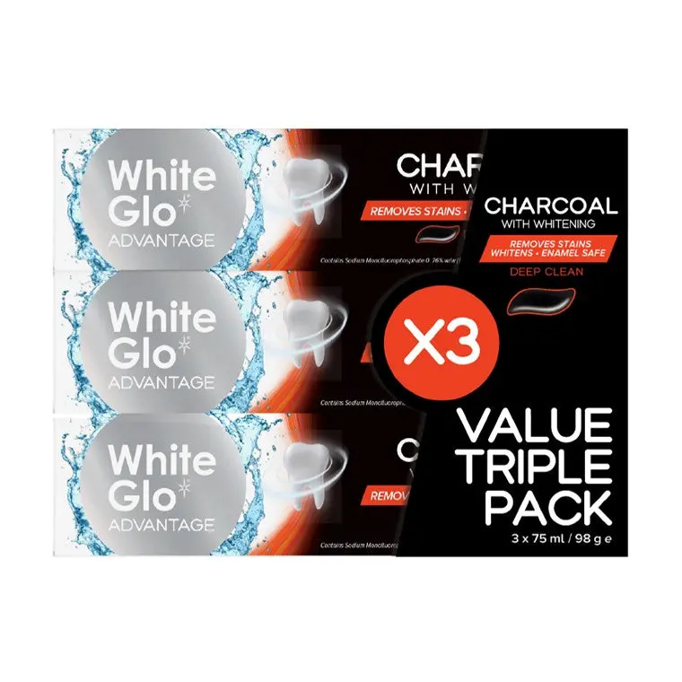 White Glo Charcoal Whitening Toothpaste – Triple Pack (98g each)