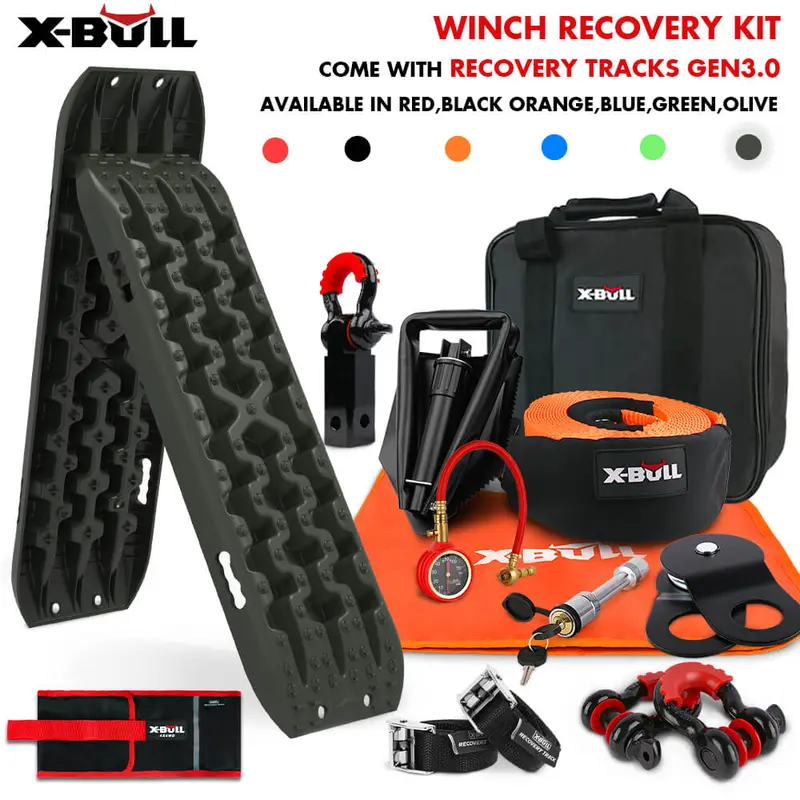 X-BULL Gen 3.0 Off-Road Winch Recovery Kit – Tracks, Snatch Strap & Mounting Hardware (Olive)