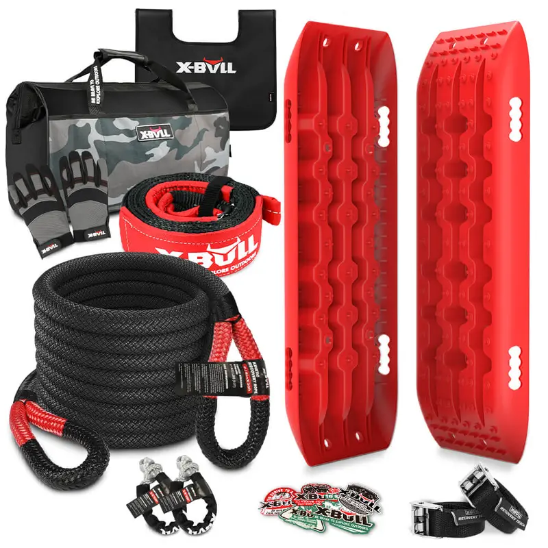 X-BULL Kinetic Recovery Kit – Includes Stretch Rope & Two Gen2.0 Recovery Tracks (Red)